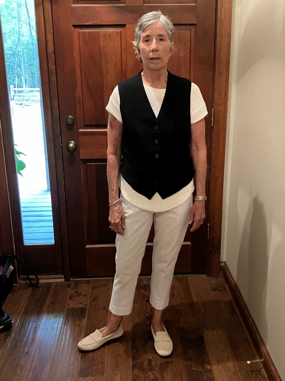 The Limited Black Button-Front Vest with White Capri Pants